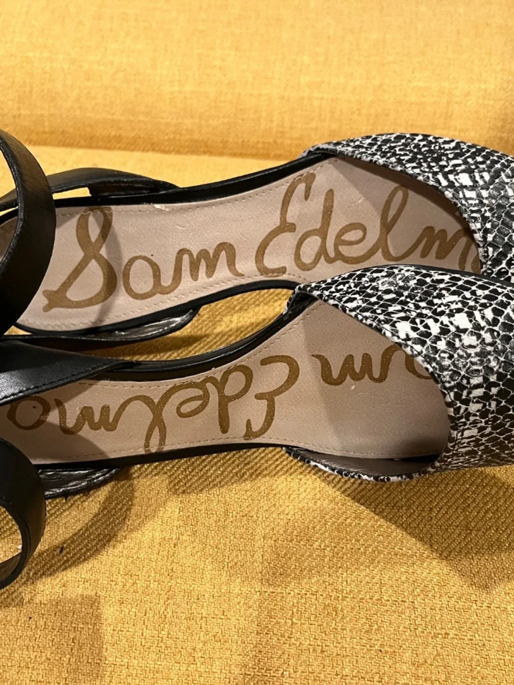 Sam Edelman Ankle Strap Shoes Black/White Snakeskin Design Size 9